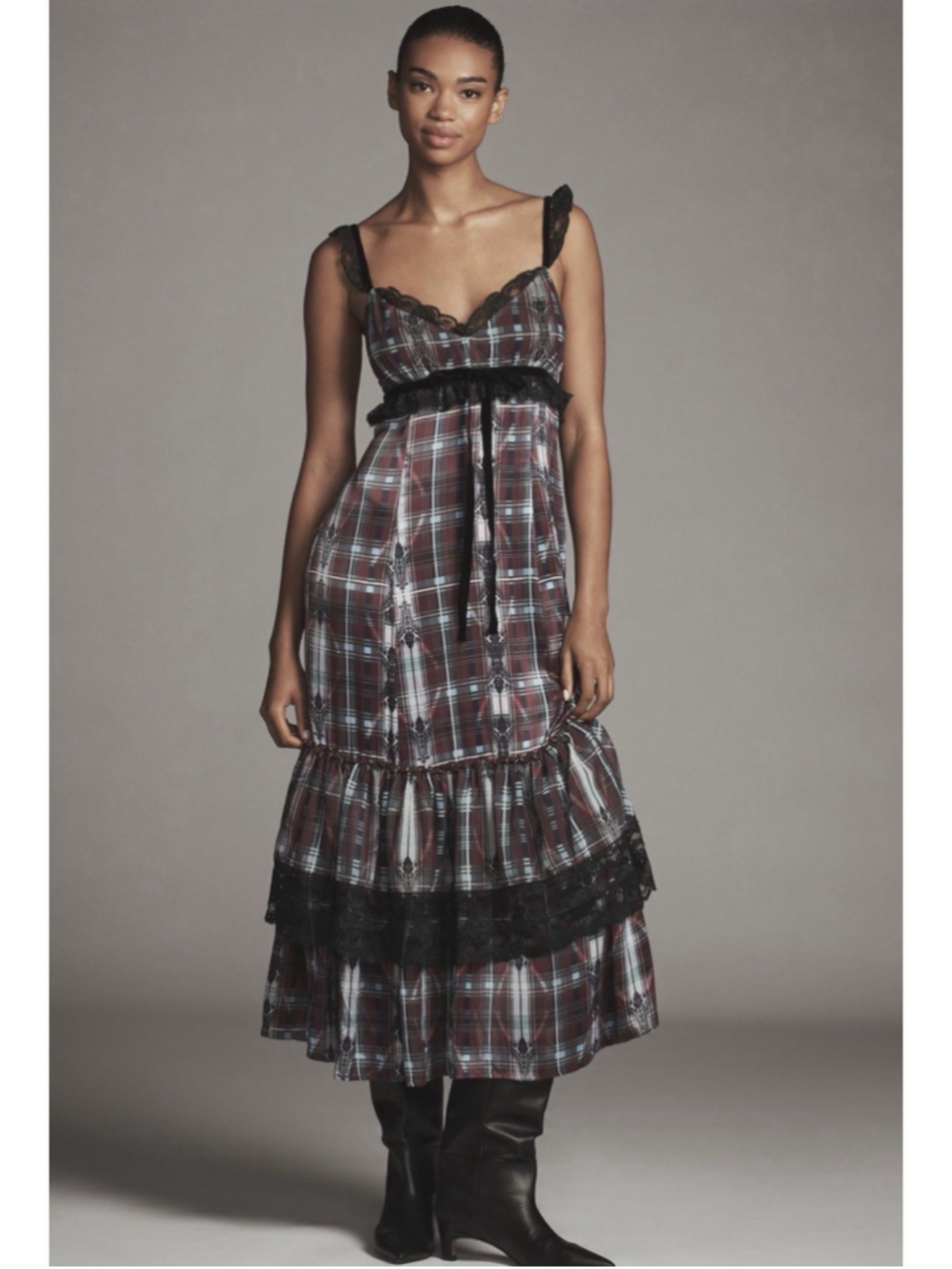 NWT Anthropologie V- Neck Lace-Trim Midi Plaid Dress Size:M MSRP:$188 Purple/gry